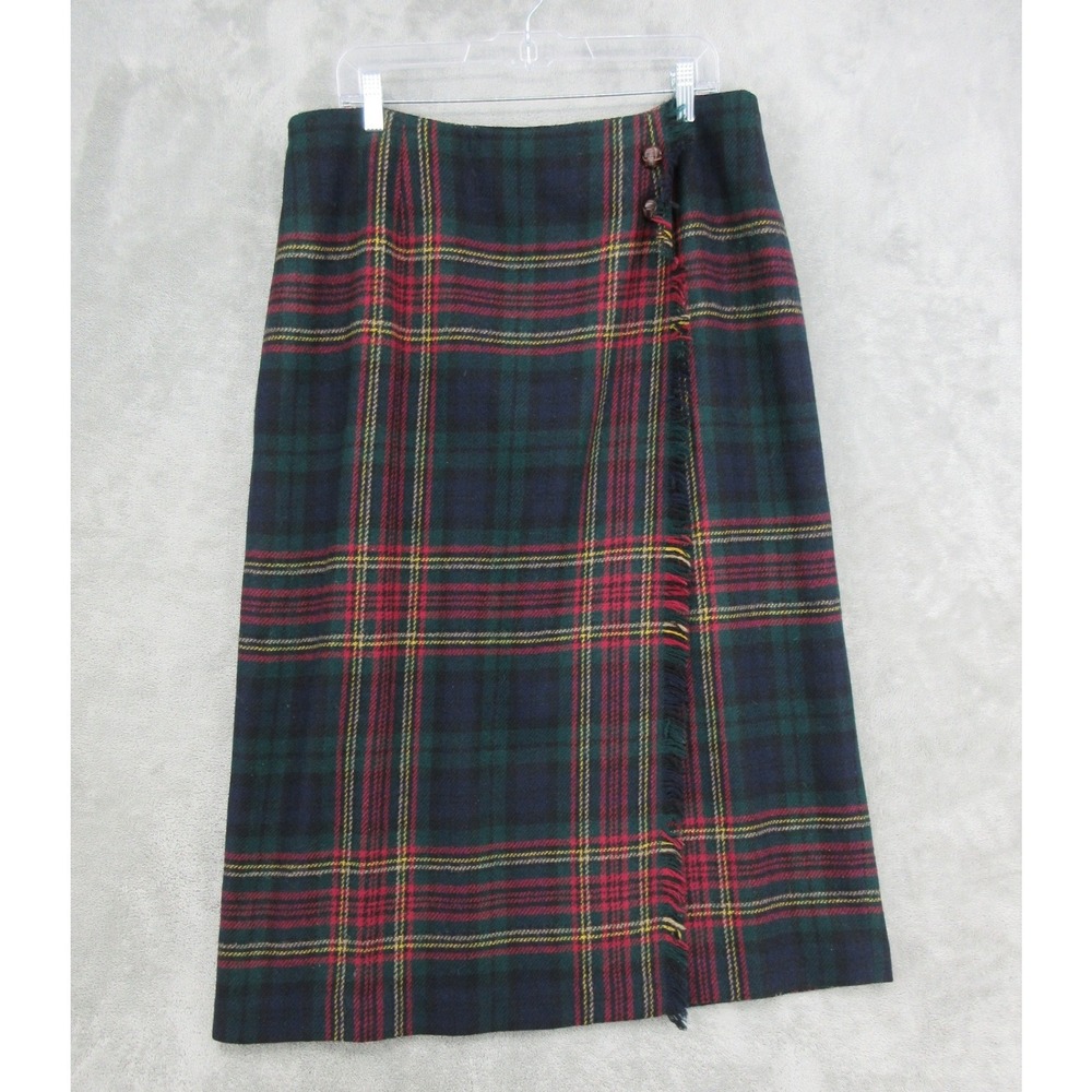 Vintage Talbots Skirt Womens Size 16 Plaid Wool Faux Wrap Fringe Preppy Western